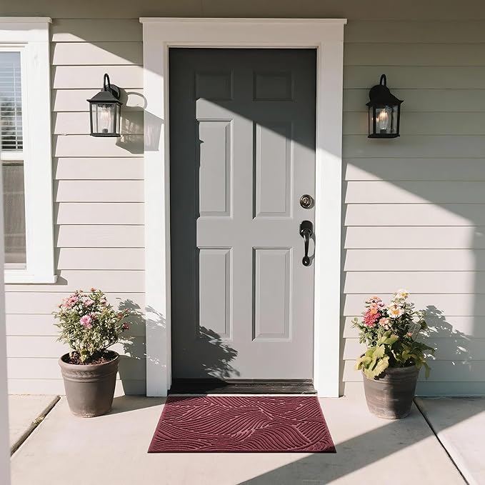 Yimobra Doormat Outdoor Entrance 29.5x17, All-Weather Waterproof Art Line Outdoor Mats for Front Door, Heavy Duty Non-Slip Welcome Matt for Garage Patio Proch Entryway Indoor, Wine
