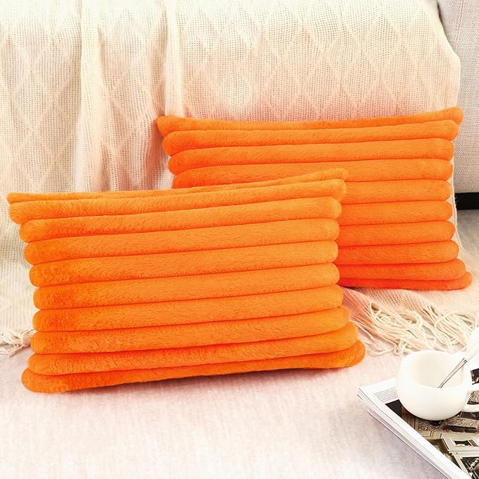 Pallene Faux Fur Plush Fall Throw Pillow Covers 12x20 Set of 2, Luxury Soft Fluffy Striped Decorative Pillow Covers for Sofa, Couch, Living Room, Burnt Orange