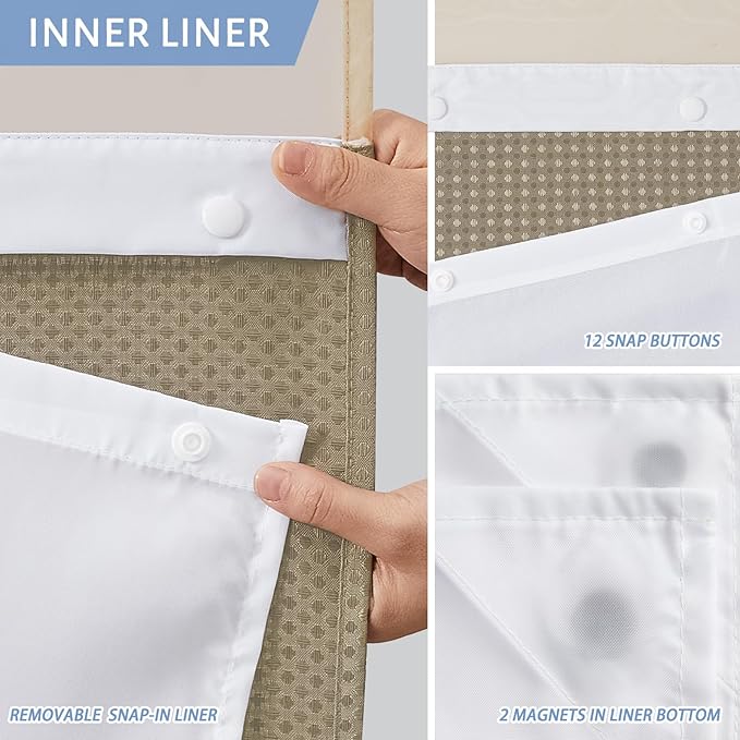 Furlinic Waffle Weave No Hook Shower Curtain with Snap in Fabric Liner Set,Heavy Duty Textured Bathroom Curtain with See Through Window,Waterproof & Machine Washable,Hotel Style,Beige,71x75 Inch
