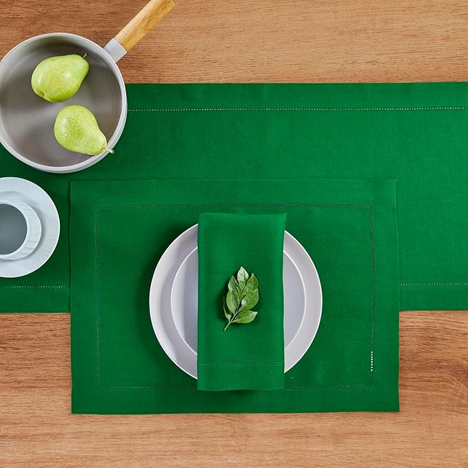 Solino Home Linen Garden Green Table Runner 72 Inches Long - 100% Pure Linen Hemstitch Table Runner 14 x 72 Inch for Dresser, Dining, Christmas - Classic Hemstitch
