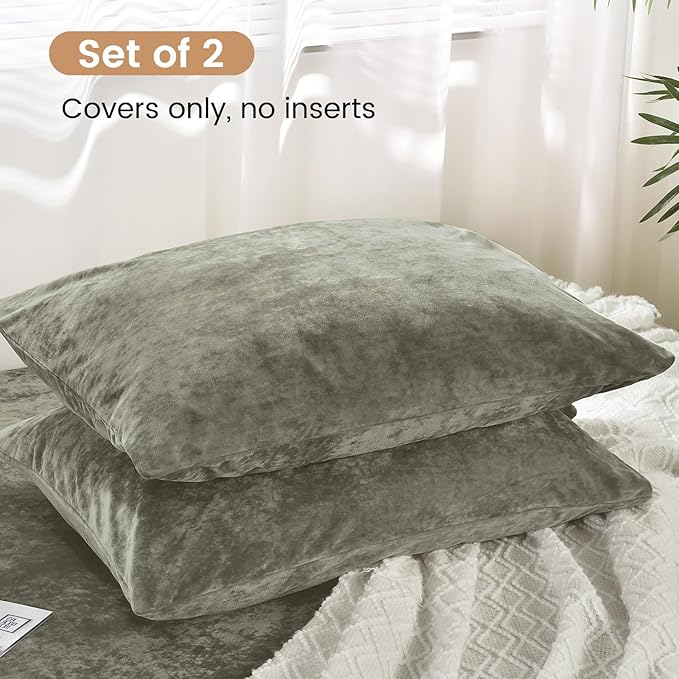 PHF Truly Velvet Pillowcases King Size, No Insert, 2 Pack Ultra Soft Breathable Pillow Shams Covers with Envelope Closure, 20" X 36" Luxury Cozy Warm Fuzzy Flannel Pillow Cases, Smokey Olive