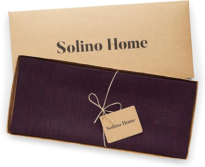 Solino Home Linen Chambray Burgundy Table Runner 132 Inches Long - Athena, 100% Pure Linen 14 x 132 Inch Table Runner for Fall, Autumn, Thanksgiving