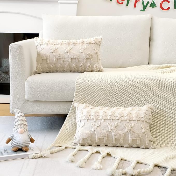 OTOSTAR Set of 2 Xmas Soft Plush Short Wool Velvet Decorative Throw Pillow Covers Square Luxury Style Cushion Case Pillow Shell for Sofa Bedroom Christmas Tree and Elk Cream Beige, 16x24 Inch