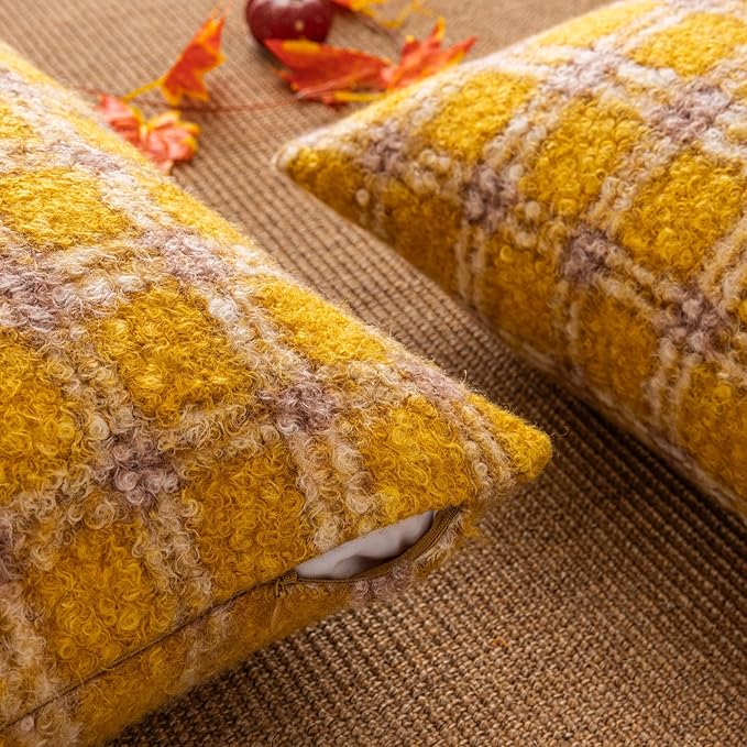 Yellow Plaid Fall Throw Pillow Covers 18x18 Inch Set of 2, Boucle Decorative Pillow Covers,Cozy Fluffy Home Living Room Farmhouse Decor for Sofa Couch Bed
