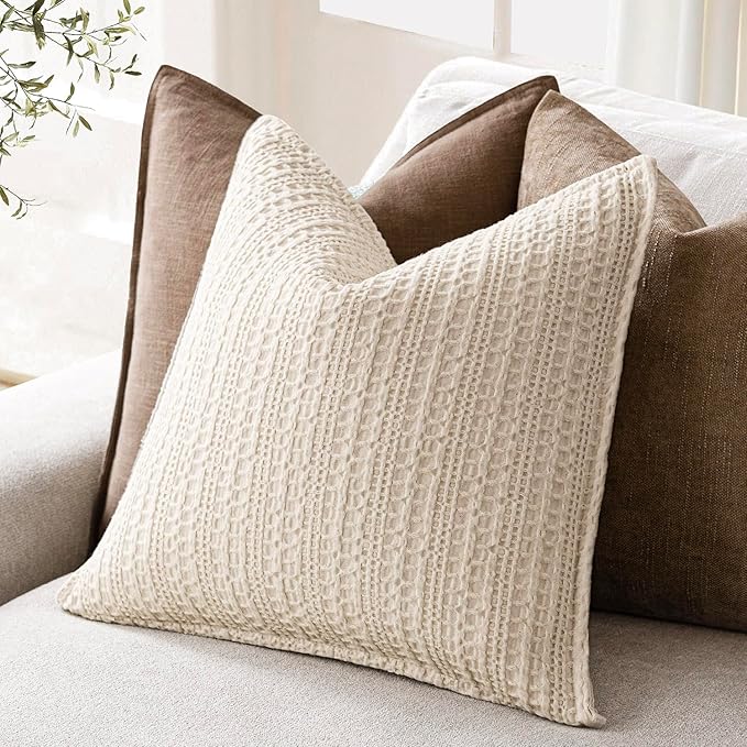 Foindtower Set of 2 Decorative Cotton Waffle Weave Throw Pillow Covers Euro Shams Cushion Covers Accent European Pillowcase for Bed Couch Sofa Bedroom Living Room Home Decor 18×18 Inch Natural Beige