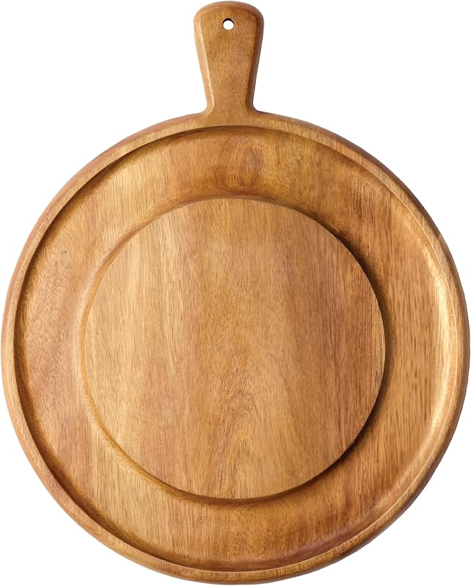 Charcuterie Board - Round Acacia Wood Cutting Board for Kitchen with Groove & Handle, Cheese Board for Vegetables, Bread, Fruits, Meat - Decorative Wooden Serving Tray House Warming Gift