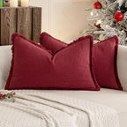 MIULEE Christmas Decorative Lumbar Throw Pillow Covers Neutral Linen Fringe Throw Pillows Set of 2 Burgundy Boho Farmhouse Cushion Covers for Couch Sofa Bed Living Room Spring Home Decor 12x20 Inch
