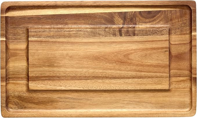 Charcuterie Board - Acacia Cheese Board with Grooves & Built-in Handles, Snack Tray for Vegetables, Fruits, Meat, Nuts - Decorative Wooden Serving Tray for Kitchen House Warming Gift