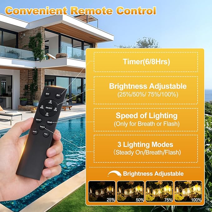 Solar String Lights Outdoor Waterproof 100FT with Remote and 52 ST38 LED Shatterproof Edison Bulbs, Timer, Dimmable Solar Patio String Lights with USB Charging for Backyard, Garden, Camping, Weddings