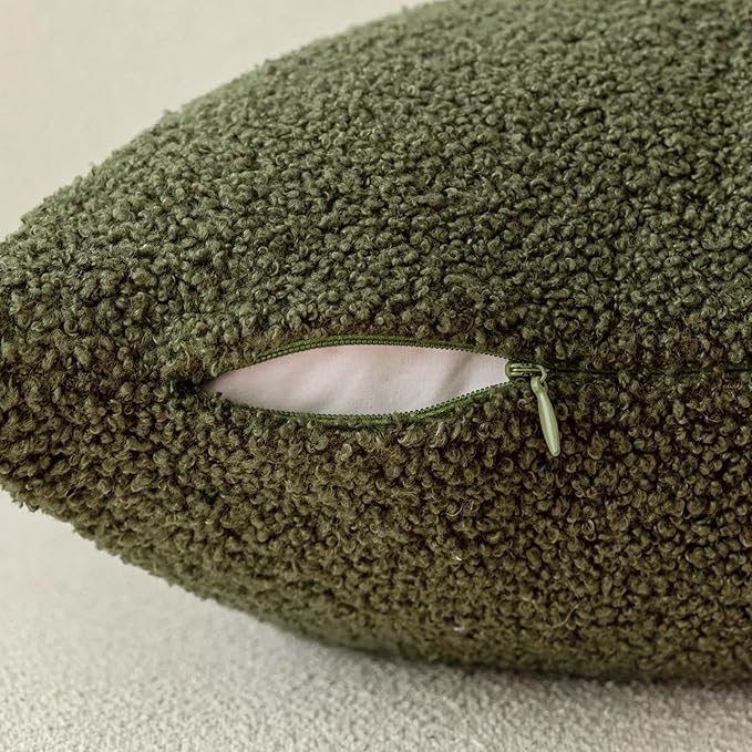 Foindtower Pack of 2, Curly Faux Fur Decorative Throw Pillow Covers Soft Plush Cushion Case with Zipper Cozy Fluffy Boho Pillowcase for Home Living Room Couch Bed Sofa 18 x 18 Inch, Moss Green