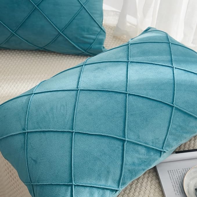 JAUXIO Diamond Pinch Pleated Crystal Velvet Pillowcases 2 Pack Solid Pintuck Throw Cushion Cover for Home Decor Hidden Zipper Closure (Teal Blue, Standard)