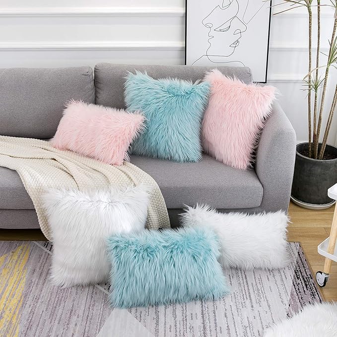 WLNUI Set of 2 White Christmas Decorative Lumbar Fluffy Pillow Covers New Luxury Series Merino Style Faux Fur Throw Pillow Covers Fuzzy Cushion Case for Sofa Bedroom Living Room Home Decor 12x20 Inch