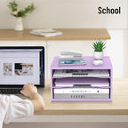 Wood Desk Organizer, 3 Tier Paper Tray Organizer for Desk with Adjustable Storage Shelves, Desktop Paper Sorter Mail Holder for Office Home Classroom, Purple