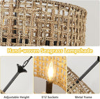 LynPon 17.7" Black Rattan Boho Chandeliers Light Fixtures, 6-Light Farmhouse Hand-Woven Pendant Light with Wicker Shade, Vintage Coastal Hanging Light for Dining Room Living Room Kitchen Hallway