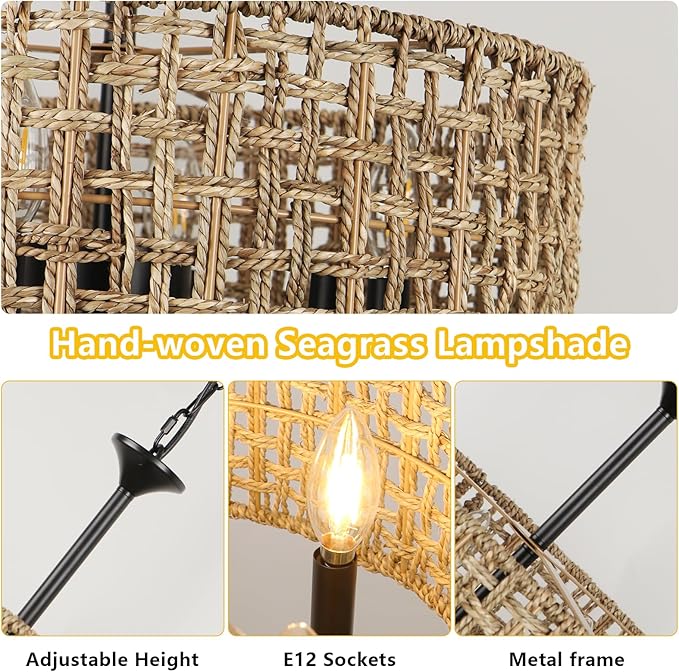 LynPon 17.7" Black Rattan Boho Chandeliers Light Fixtures, 6-Light Farmhouse Hand-Woven Pendant Light with Wicker Shade, Vintage Coastal Hanging Light for Dining Room Living Room Kitchen Hallway