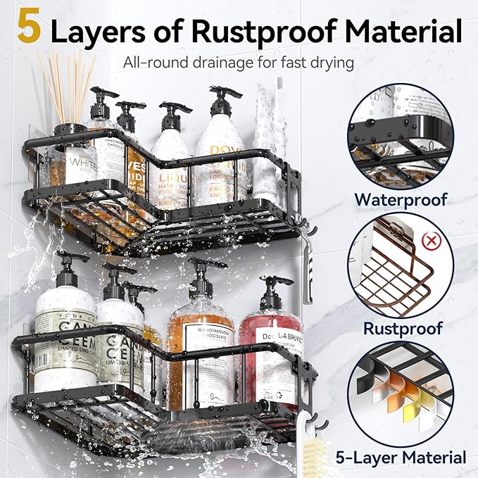 YASONIC Corner Shower Caddy Organizer, 3-Pack Adhesive Rustproof Stainless Steel Shower Shelves with Soap Holder, No Drilling Shower Storage Rack for Family Renters Bathroom, Black