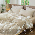 MooMee Striped Duvet Cover Set 100% Washed Cotton Linen Like Textured Breathable Durable Soft Comfy (Almond Milk Grey White Wide Stripes, Super King 108"x98")