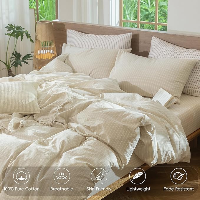MooMee Striped Duvet Cover Set 100% Washed Cotton Linen Like Textured Breathable Durable Soft Comfy (Almond Milk Grey White Wide Stripes, Super King 108"x98")