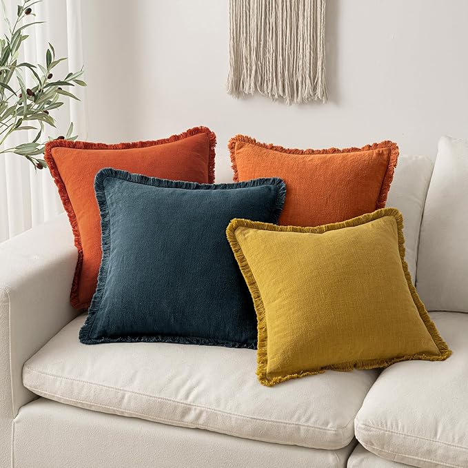 MIULEE Decorative Throw Pillow Covers Neutral Linen Fringe Throw Pillows Euro Shams Set of 2 Mustard Yellow Boho Farmhouse Cushion Covers for Couch Sofa Bed Living Room Spring Home Decor 24x24 Inch