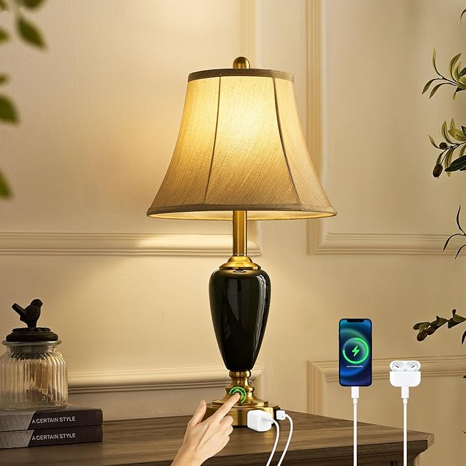 24" Ceramic Table Lamp with 3 Way Dimmable Touch Lamps - 2 USB Ports & AC Outlet Bedside Lamps, Modern Nightstand Lamp for Bedroom Living Room Office (Bulb Included)