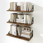 Fun Memories Floating Bookshelves, Set of 3 Wall-Mounted Wood Shelves 24" W x 8" D, Decorative Wall Shelf for Living Room, Bedroom, Bathroom, and Laundry Room (Rustic Brown)