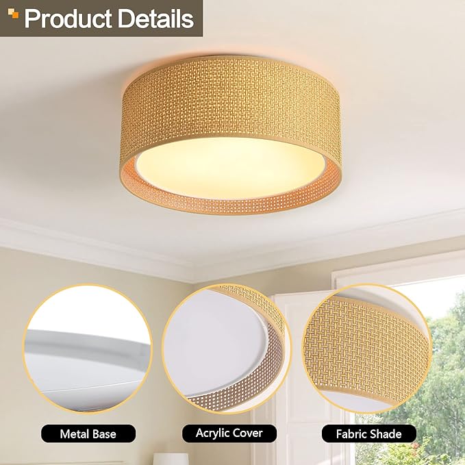 WINGBO 20" Modern 5-Light Flush Mount Ceiling Light Fixture with Fabric & Acrylic Double Drum Shade for Bedroom Living Room Dining Room Hallway Entryway, Brown