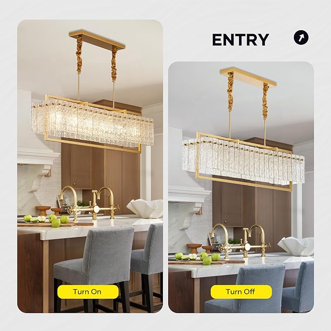 Modern Rectangle Gold Crystal Chandeliers for Dining Room, 6 Lights 44" Large Rectangular Water Ripple Glass Kitchen Island Light Fixture, Linear Farmhouse Pendant Light Fixture Over Table