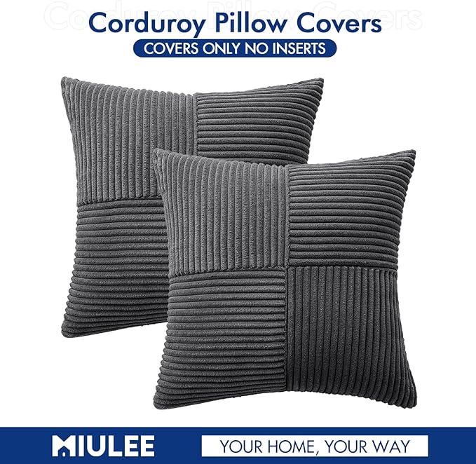 MIULEE Grey Corduroy Pillow Covers Pack of 2 Boho Decorative Spliced Throw Pillow Covers Soft Solid Couch Pillowcases Cross Patchwork Textured Cushion Covers for Living Room Bed Sofa 20x20 inch