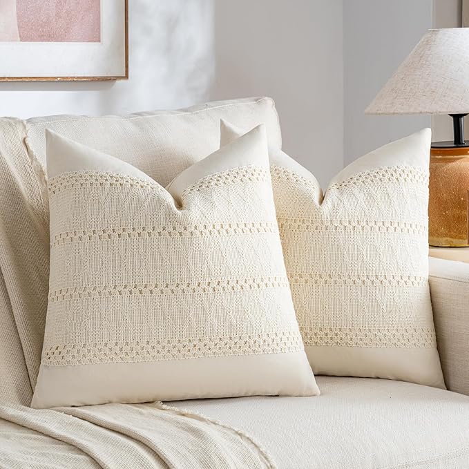 Fancy Homi Set of 2 Boho Cream Decorative Throw Pillow Cover 16x16 Inch for Couch Bed Sofa, Aesthetic Modern Organic Farmhouse Home Decor, Soft Cotton Cute Accent Macrame Woven Cushion Case