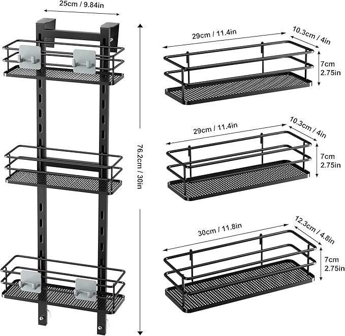 Orimade Adjustable Hanging Caddy, Bathroom Organizer Shelf Storage Rack, Rustproof Shower Basket, Matt Black 3 Tier
