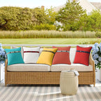 Outdoor Sunbrella Decorative Pillows with Triple Coconut Buttons Pack of 4, 16" x 16" Outdoor Pillow Set for Couch Bed Throw Patio Sofa, Canvas Logo Red/Specrtum Indigo