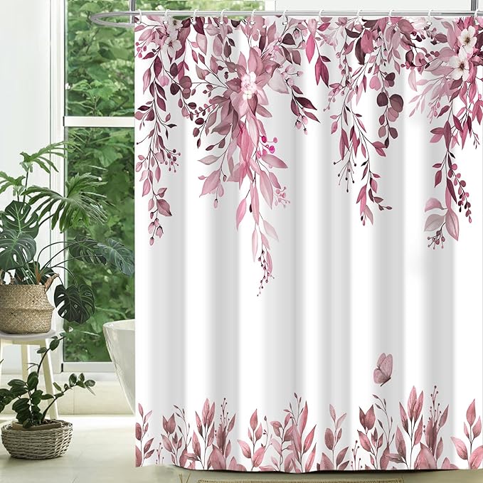 Eucalyptus Shower Curtain, Dark Red Watercolor Leaves with Floral Botanical Bathroom Decor, Waterproof Fabric Bath Curtain Set with Hooks, 72x78 Inches