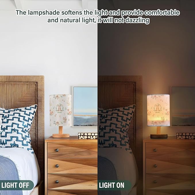 Table Lamp Woodland Animal Fox Bear Squirrel Rabbit Hedgehog Floral Branch Nightstand Lamp with Wood Base Fabric Lamp Shade Bedside Desk Lamp for Living Room Bedroom Kids Room Office