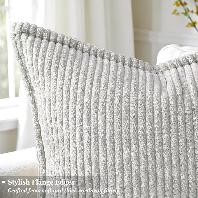 decorUhome Corduroy Grey Throw Pillow Covers 16x16 Set of 2 Decorative Soft Boho Farmhouse Euro Couch Pillow Covers for Living Room Bed Sofa Broadside Striped Pillow Cases