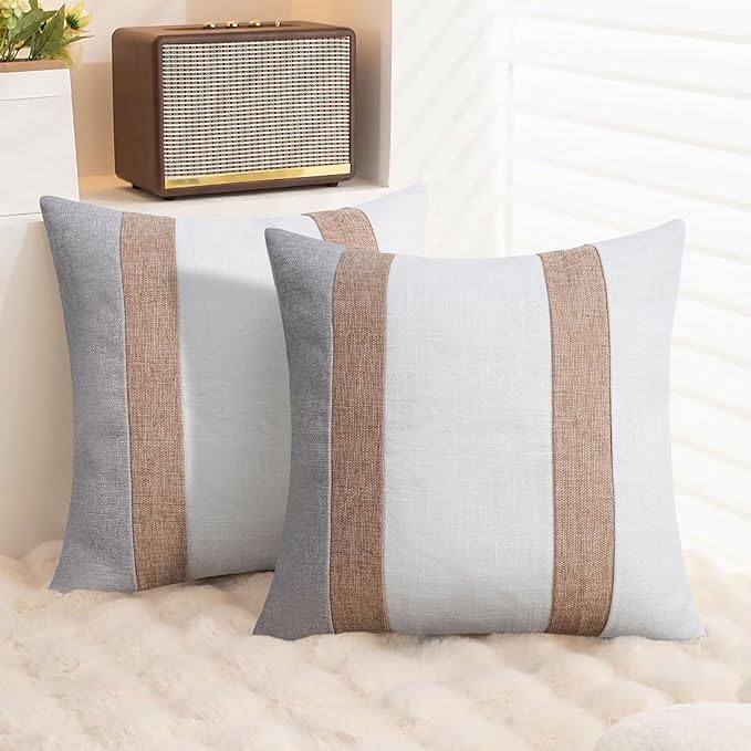 Adabana Modern Pillow Covers 18x18 Set of 2 Farmhouse Decor Patchwork Linen Cushion Covers for Living Room Couch Bed White and Beige