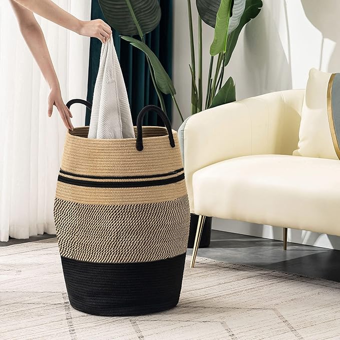 Jute Rope Laundry Hamper by YOUDENOVA, 105L - Woven Collapsible Laundry Basket - Clothes Storage Basket for Blankets organizing, Bedroom Storage, Clothes Hamper – Brown & Black
