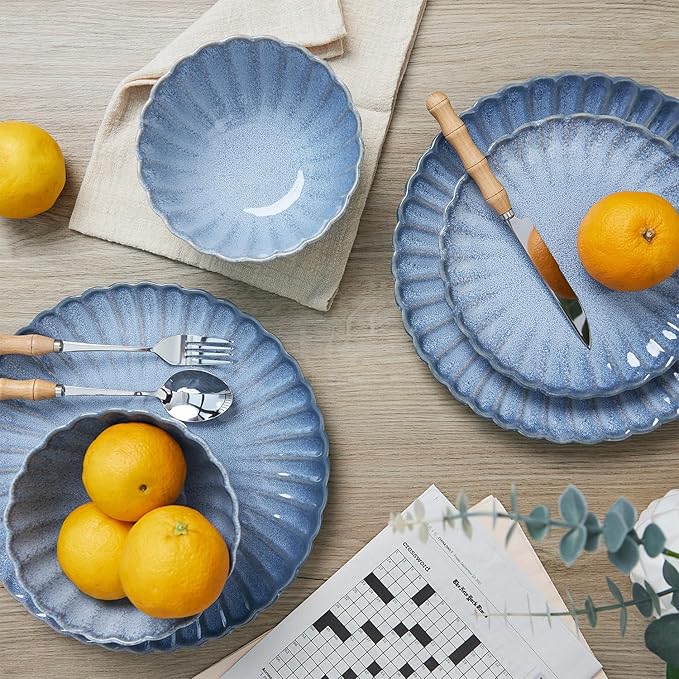 Sango 12 Pieces Stoneware Dinnerware Set, Modern Reactive Blue Dishes for 4, Premium Serving Plates and Bowls Sets, Chip Resistant Plate, Ceramic Dishware, Kitchen Dish Set, Scallop Dining Ware, Frill