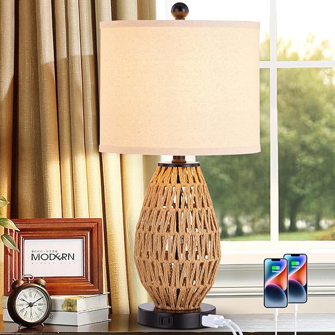 Touch Control Rattan Table Lamps, 3 Way Dimmable Bedside Lamps for Bedroom with 2 USB Ports and AC Outlet, Wicker Nightstand Lamps for Living Room Home Office (LED Bulbs Included)