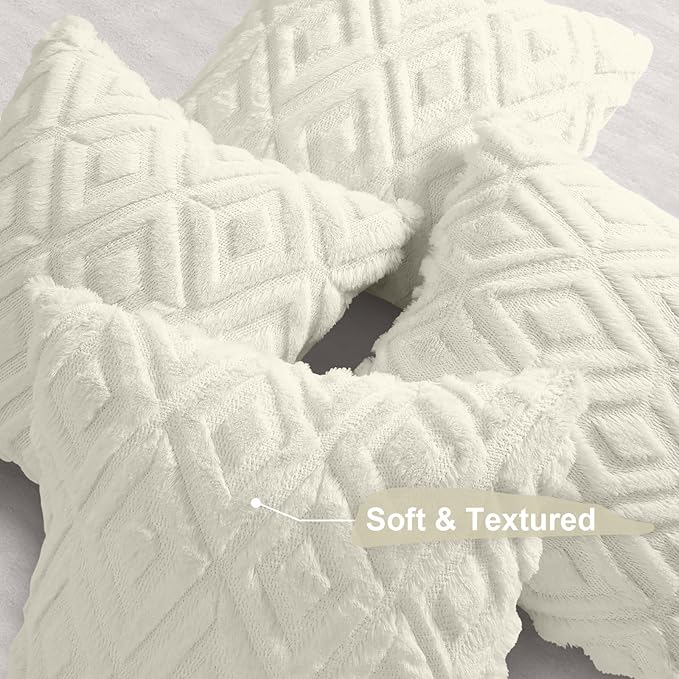 decorUhome Pack of 4 Faux Fur Throw Pillow Covers 18x18, Soft Decorative Couch Pillow Covers with Velvet Back for Modern Sofa Living Room, Cream White
