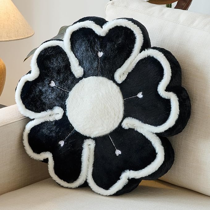 Flower Shaped Decorative Throw Pillow Cushion for Bed Couch, Cute Flower Plush Throw Pillows Home Decor Floor Pillow Seating Cushions (Black, 13.7 Inches)