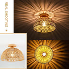 Boho Rattan Ceiling Light Fixtures Boho Lamp Shade Flush Mount Ceiling Light Hand-Woven Small Chandelier Wooden Base Chandelier Light for Hallway Bedroom Kitchen Nursery