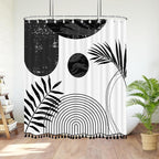 Boho Mid Century Leaf Shower Curtain Set,Arch Sun Design,Minimalistic Leaves Pattern,Waterproof and Luxurious Fabric-12 Hooks(Black-60" x 72")