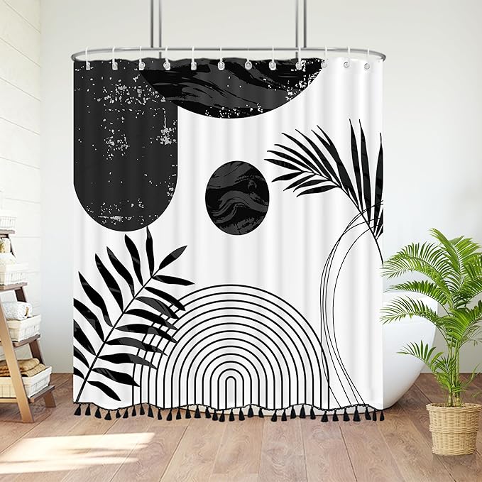 Boho Mid Century Leaf Shower Curtain Set,Arch Sun Design,Minimalistic Leaves Pattern,Waterproof and Luxurious Fabric-12 Hooks(Black-72" x 78")