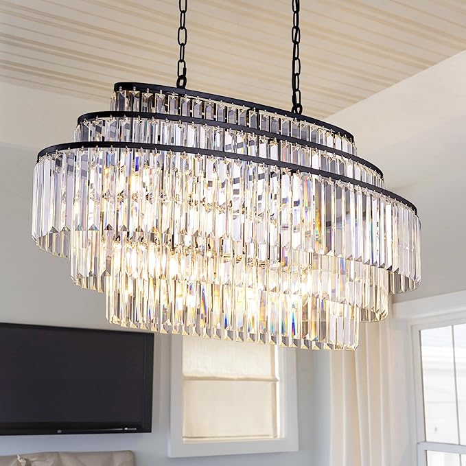 Wellmet Black Crystal Chandelier, Modern Dining Room Chandeliers 36 Inches, Farmhouse K9 Linear Rectangle Chandelier for Living Room, Kitchen Island, Pool Table Light, Foyer
