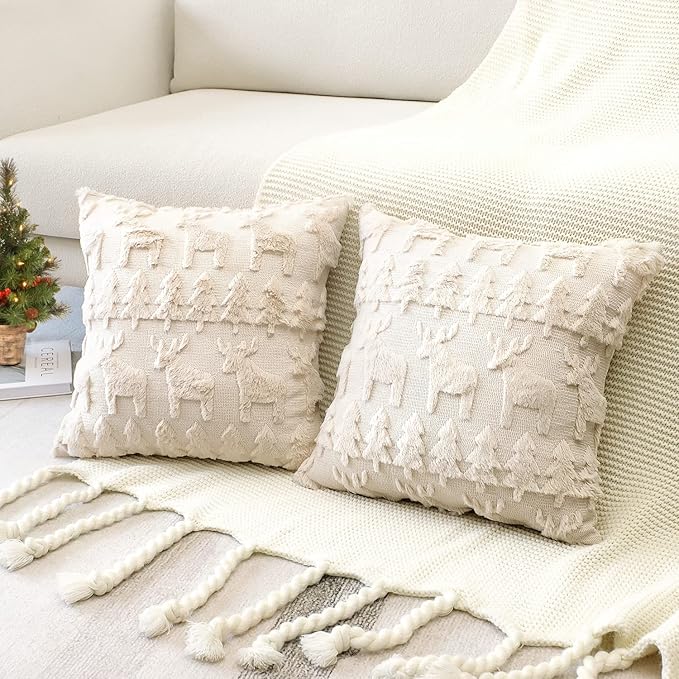 OTOSTAR Set of 2 Xmas Soft Plush Short Wool Velvet Decorative Throw Pillow Covers Square Luxury Style Cushion Case Pillow Shell for Sofa Bedroom Christmas Tree and Elk Cream Beige, 14x14 Inch