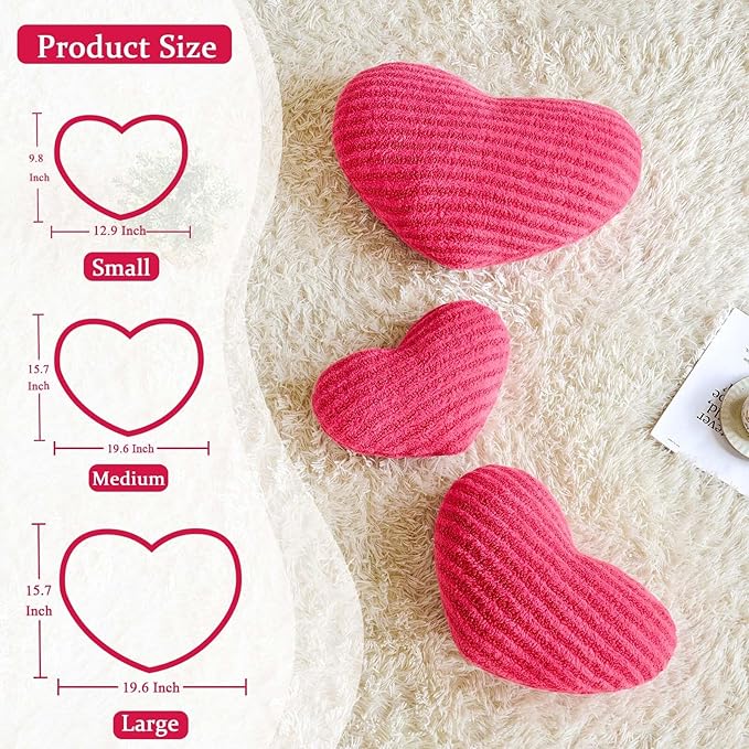 Hot Pink Heart Pillows, 12.9" Cute Heart Decorative Pillow, Stripe Heart Shaped Plush Throw Pillows for Bed