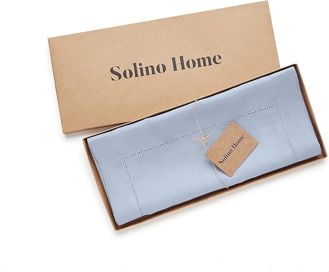 Solino Home Sky Blue Table Runner 90 Inches Long - 100% Pure Linen Hemstitch 14 x 90 Inch Table Runner for Dining, Holiday - Classic Hemstitch