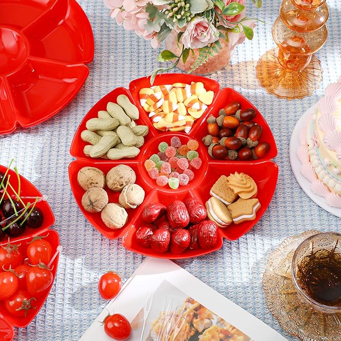 Zhehao 6 Pcs Plastic Divided Serving Trays with 60 Pcs Disposable Fork, 7 Compartments Round Chip Dip Plate, Petal Shape Platter, 10.6'' Snacks Serving Dish for Party Candy Nuts Fruits (Red)