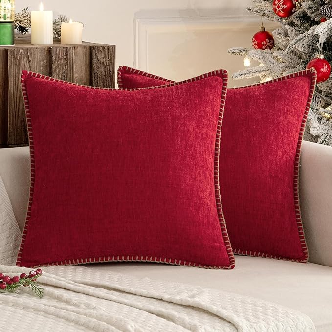 MIULEE Pack of 2 Christmas Pillow Covers 16x16 Inch Red Farmhouse Decorative Throw Pillow Covers with Stitched Edge Soft Chenille Solid Dyed Couch Pillow Covers for Sofa Bed Living Room