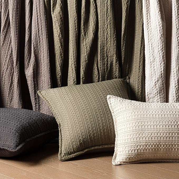Foindtower Set of 2 Decorative Cotton Waffle Weave Lumbar Throw Pillow Covers Euro Shams Cushion Covers Accent European Pillowcase for Bed Couch Bedroom Living Room Home Decor 12×20 Inch Olive Green